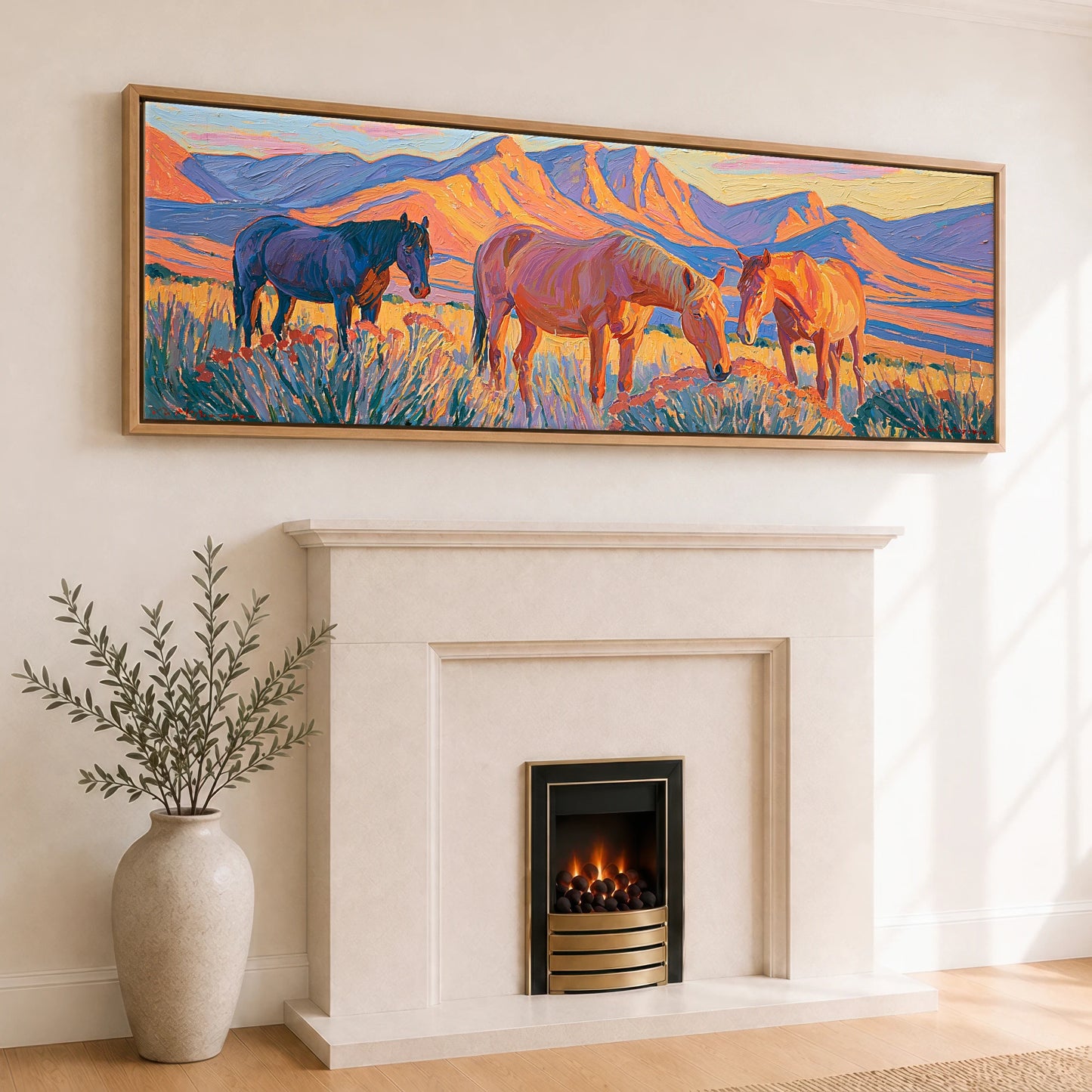 Vibrant Mountain Pasture Horse Landscape panoramic canvas wall art displayed above a fireplace