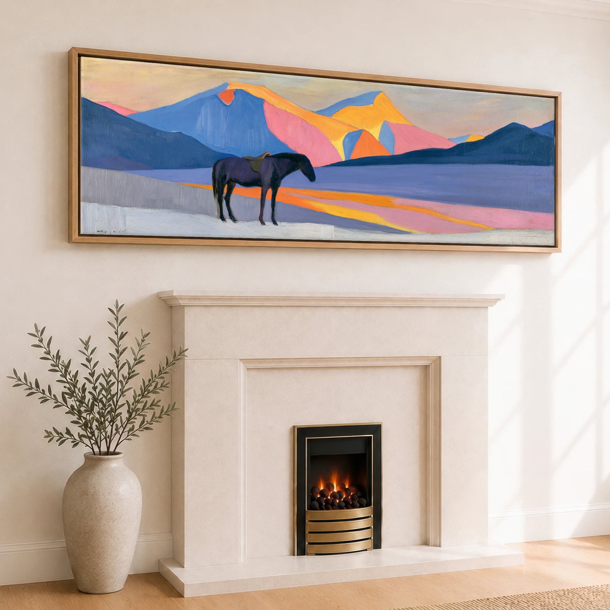 Vibrant Mountain Sentinel Horse Landscape panoramic canvas wall art displayed above a fireplace