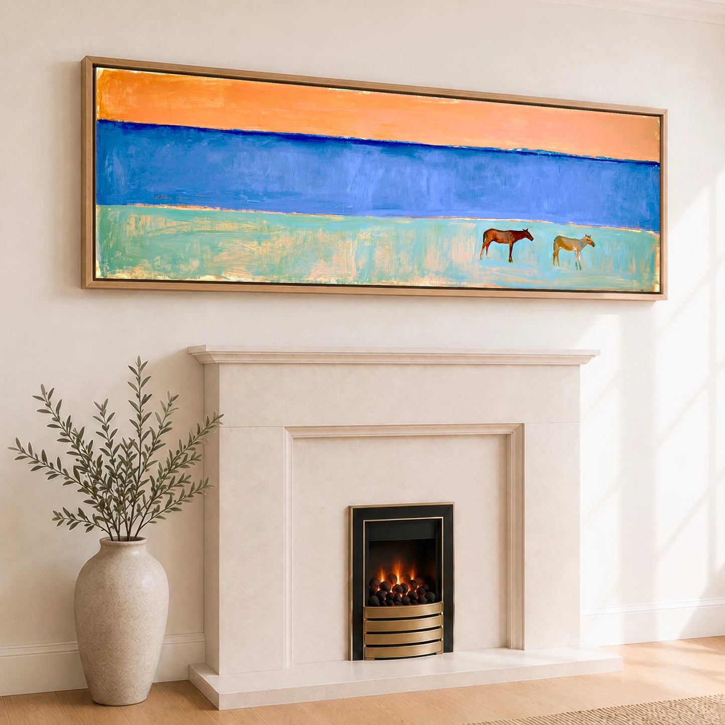 Coastal Pastures Horse Landscape panoramic canvas wall art displayed above a fireplace
