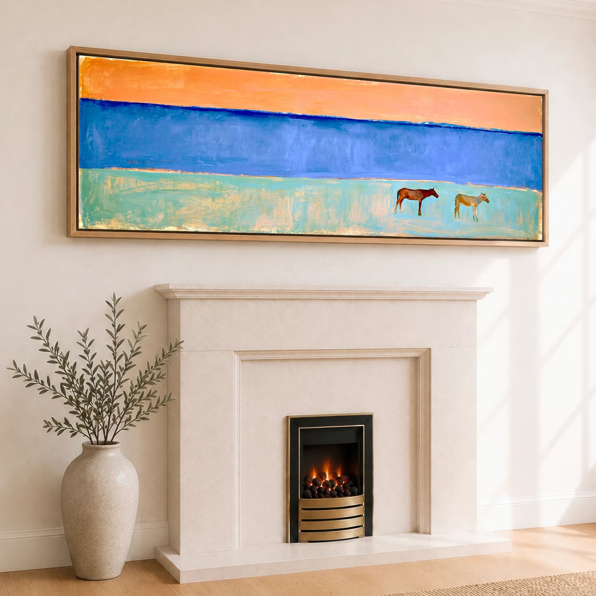 Coastal Pastures Horse Landscape panoramic canvas wall art displayed above a fireplace