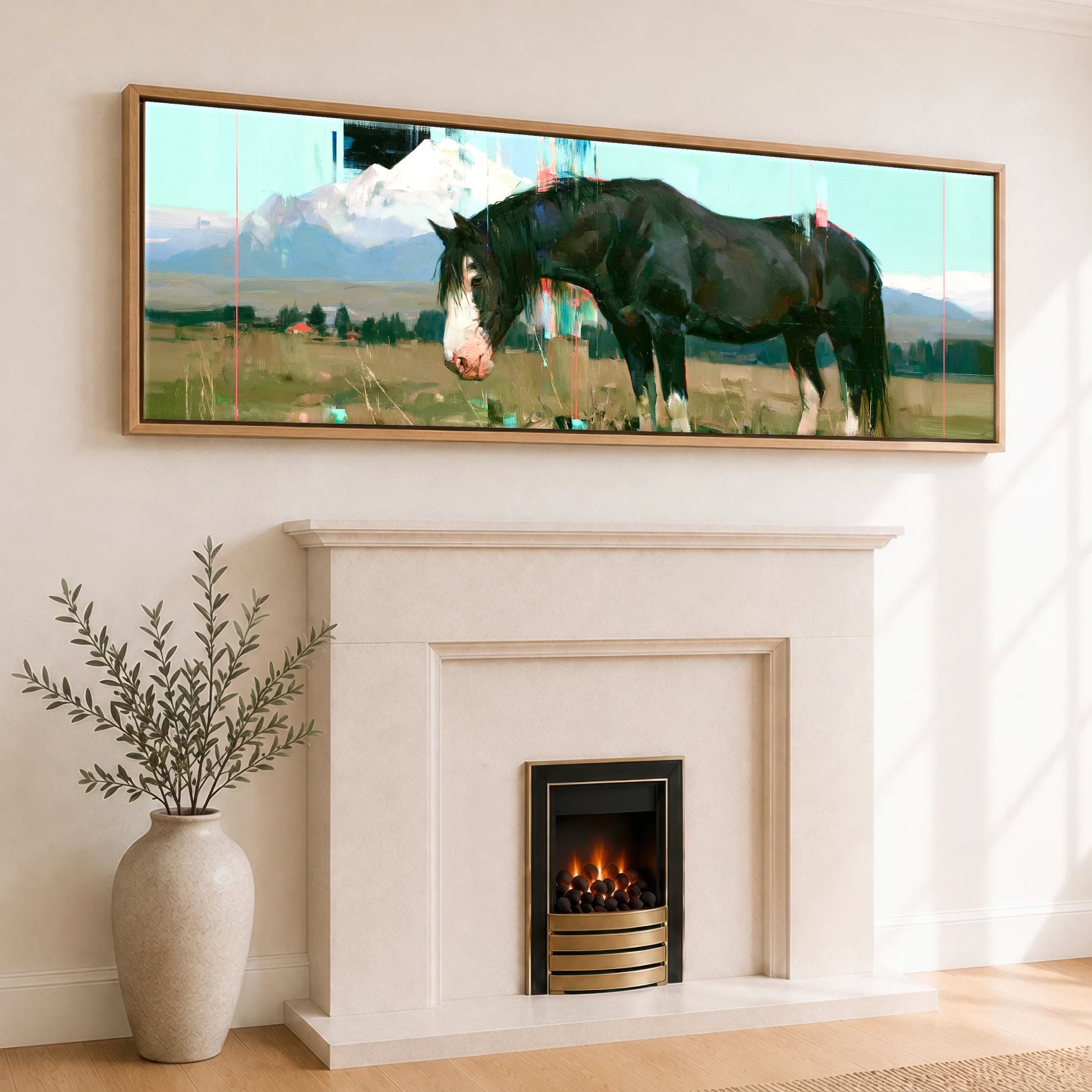 Midnight Coat Beneath Peaks Horse Landscape panoramic canvas wall art displayed above a fireplace