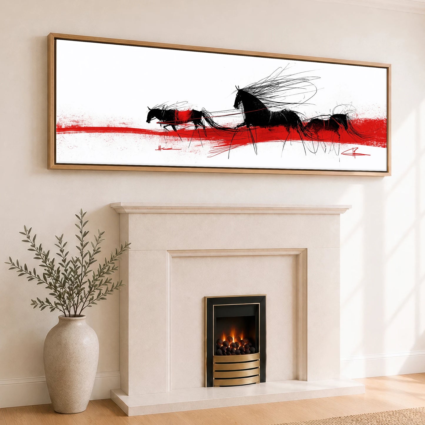 Crimson Traces Working Horse panoramic canvas wall art displayed above a fireplace