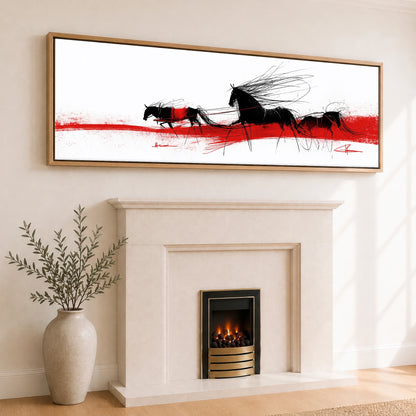 Crimson Traces Working Horse panoramic canvas wall art displayed above a fireplace
