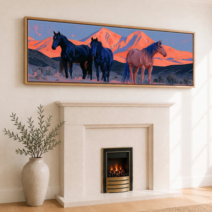 Horses of the Painted Ridge Horse Landscape panoramic canvas wall art displayed above a fireplace