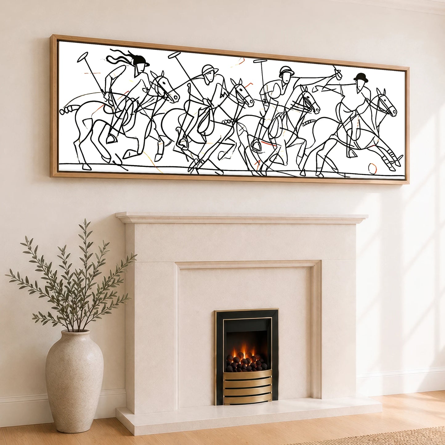 The Line of Play Polo Horse panoramic canvas wall art displayed above a fireplace