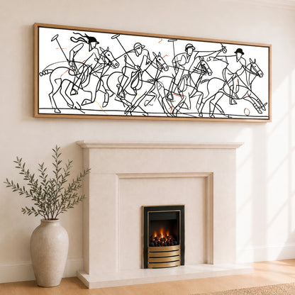 The Line of Play Polo Horse panoramic canvas wall art displayed above a fireplace