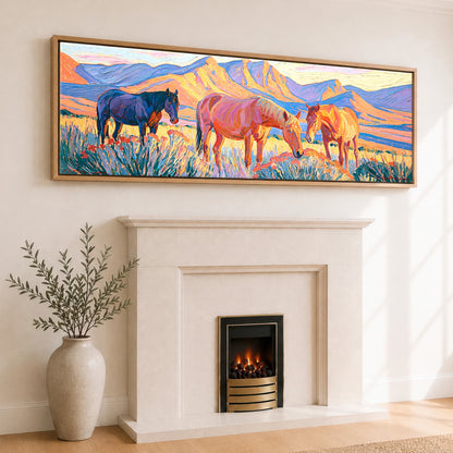 Vibrant Mountain Pasture Horse Landscape panoramic canvas wall art displayed above a fireplace