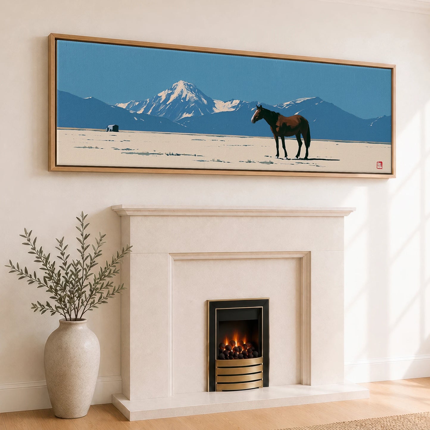 The Vast Horizon Horse Landscape panoramic canvas wall art displayed above a fireplace