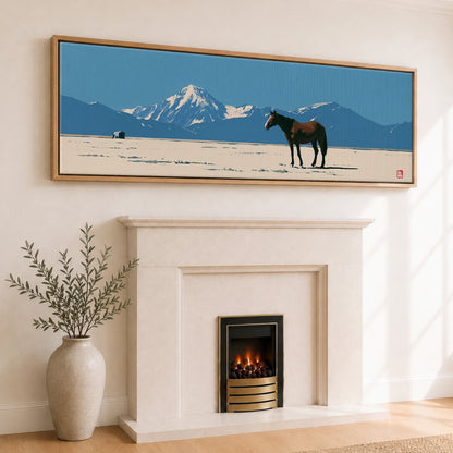 The Vast Horizon Horse Landscape panoramic canvas wall art displayed above a fireplace