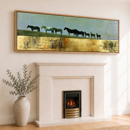 The Gilded Ridge Mare & Foal panoramic canvas wall art displayed above a fireplace