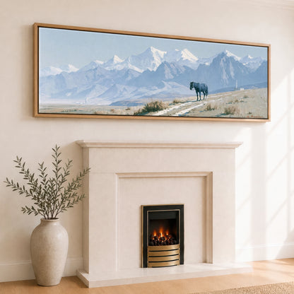 Mountain Solitude Horse Landscape panoramic canvas wall art displayed above a fireplace