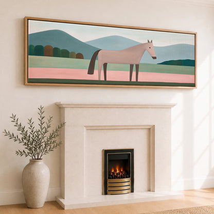 Minimalist Earthy Equine Horse Landscape panoramic canvas wall art displayed above a fireplace