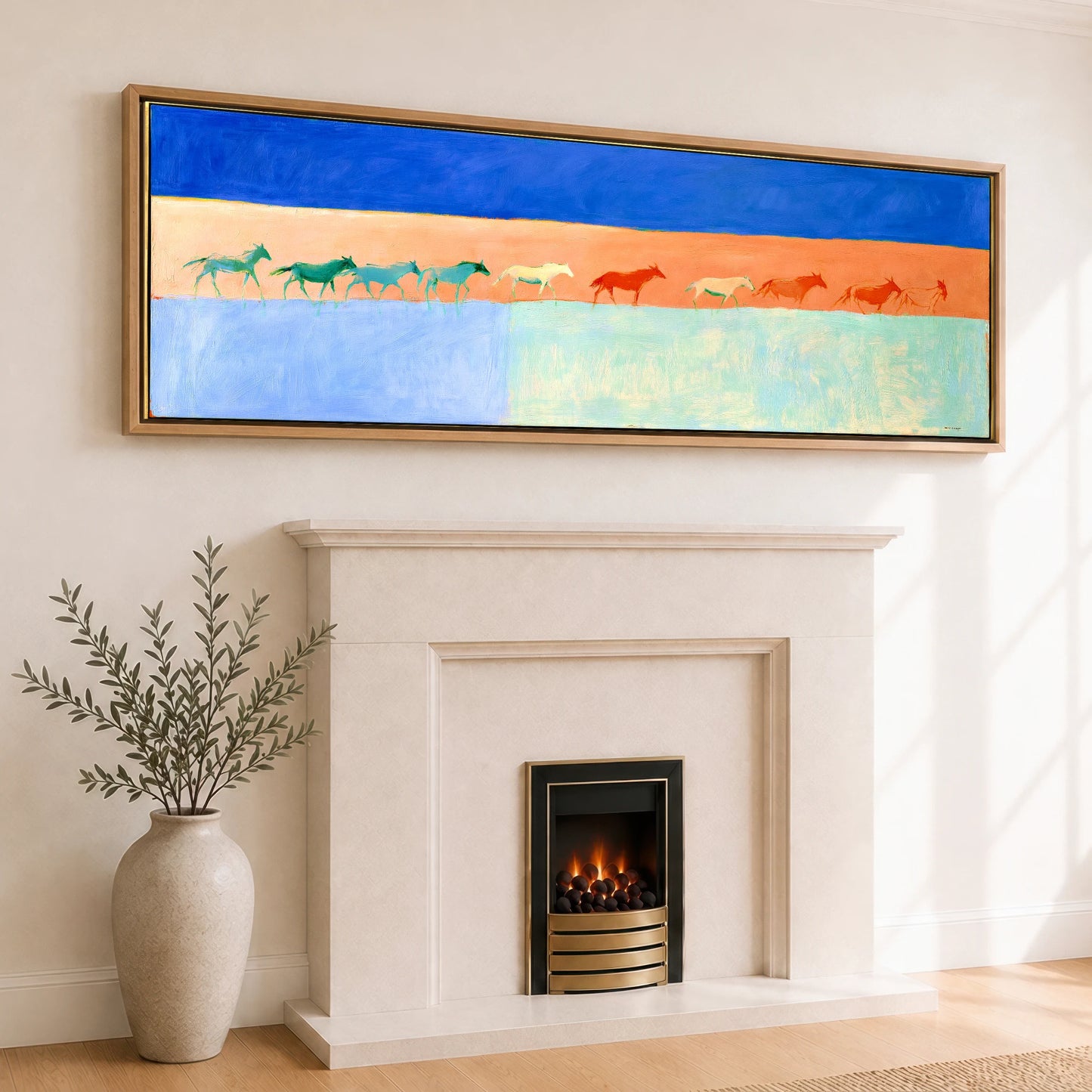 Bold Equine Horizon Horse Landscape panoramic canvas wall art displayed above a fireplace