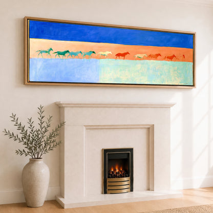Bold Equine Horizon Horse Landscape panoramic canvas wall art displayed above a fireplace