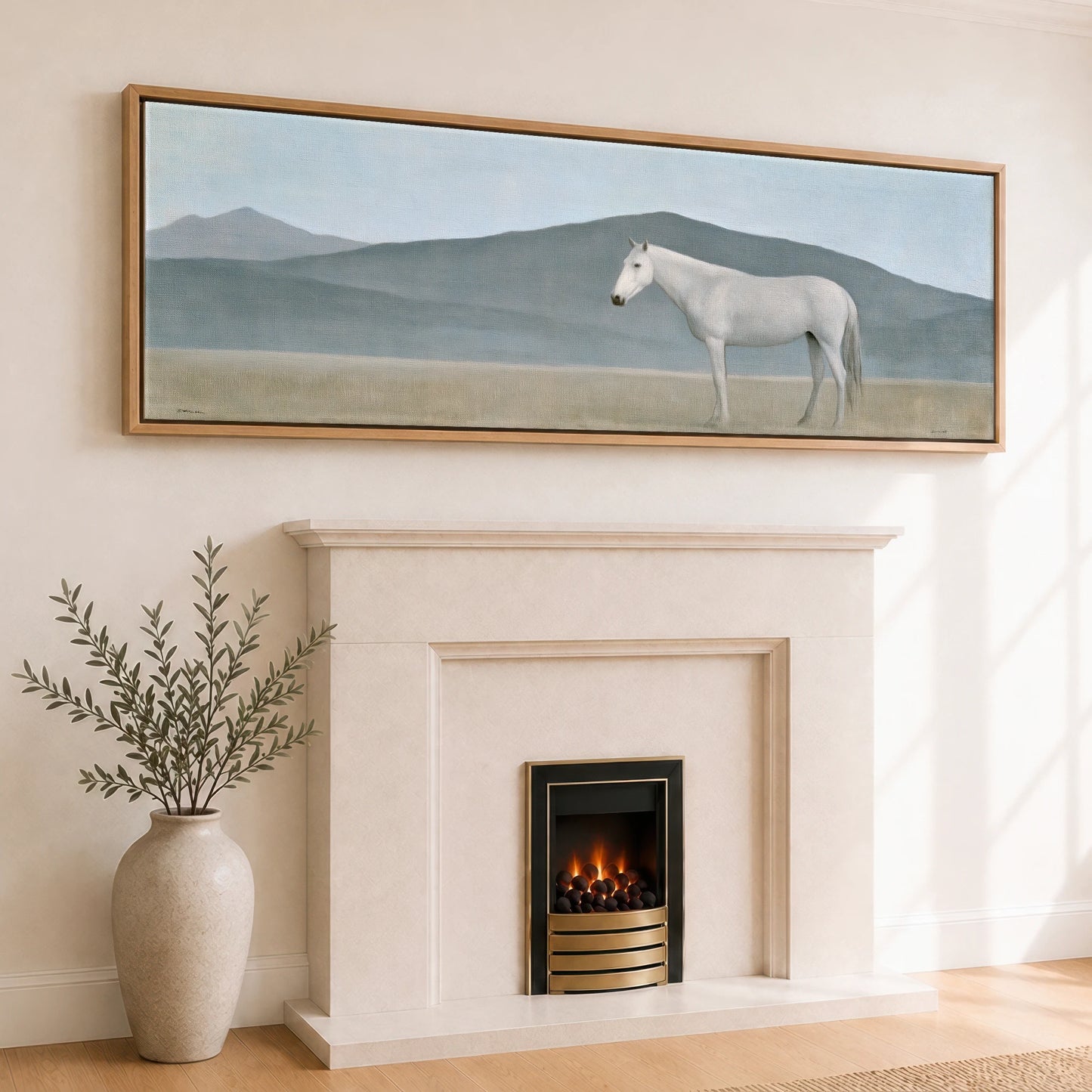 Stoic Grey in Slate Horse Landscape panoramic canvas wall art displayed above a fireplace