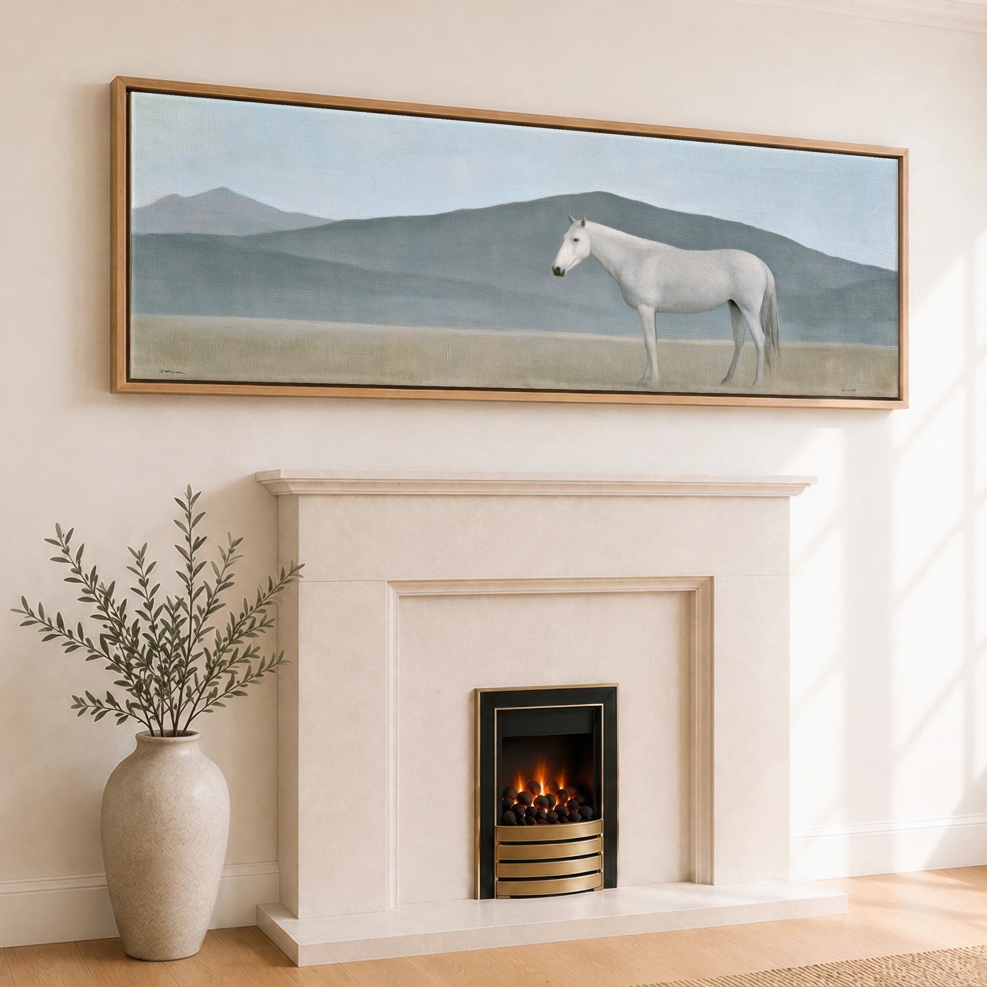 Stoic Grey in Slate Horse Landscape panoramic canvas wall art displayed above a fireplace
