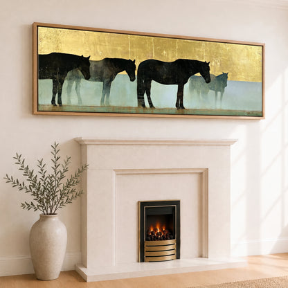 Gilded Equine Shadows Horse Landscape panoramic canvas wall art displayed above a fireplace