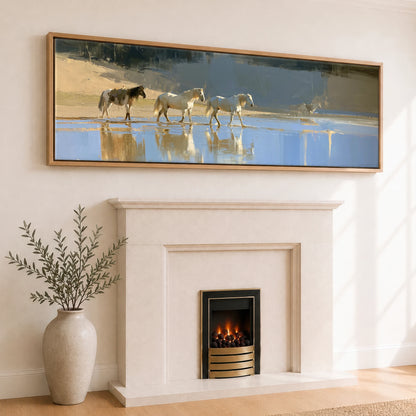 Sunlit Shallows Horse Landscape panoramic canvas wall art displayed above a fireplace