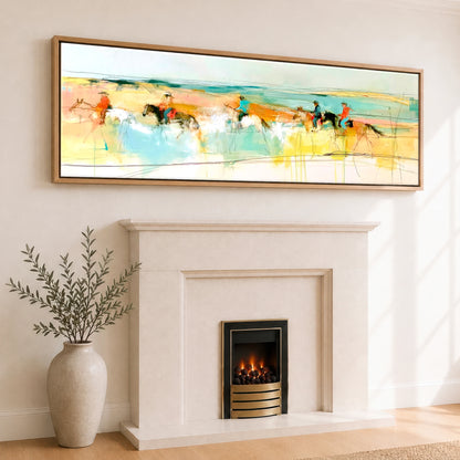 Vibrant Coastal Ride Beach Horse panoramic canvas wall art displayed above a fireplace