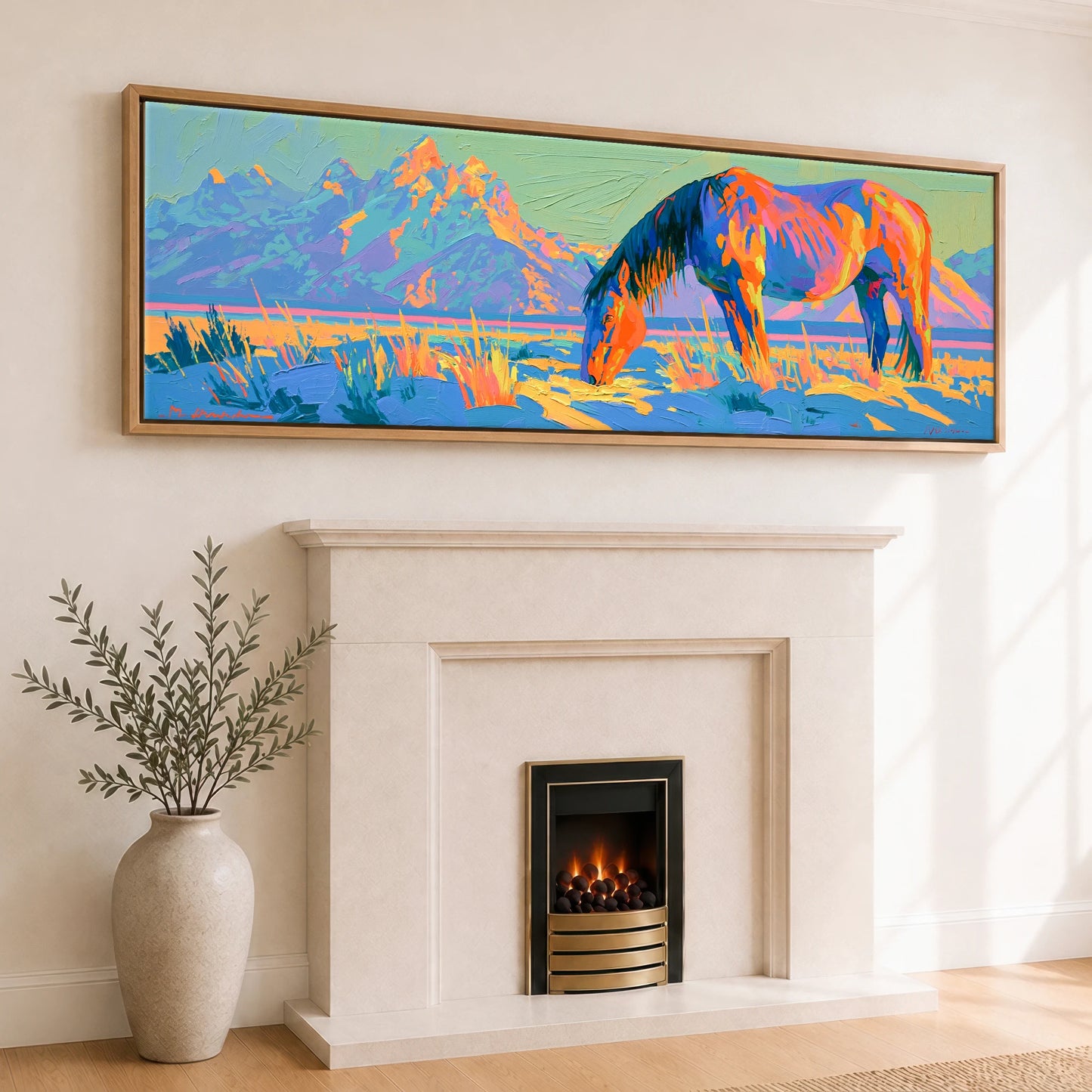 Wild Cobalt Range Horse Landscape panoramic canvas wall art displayed above a fireplace
