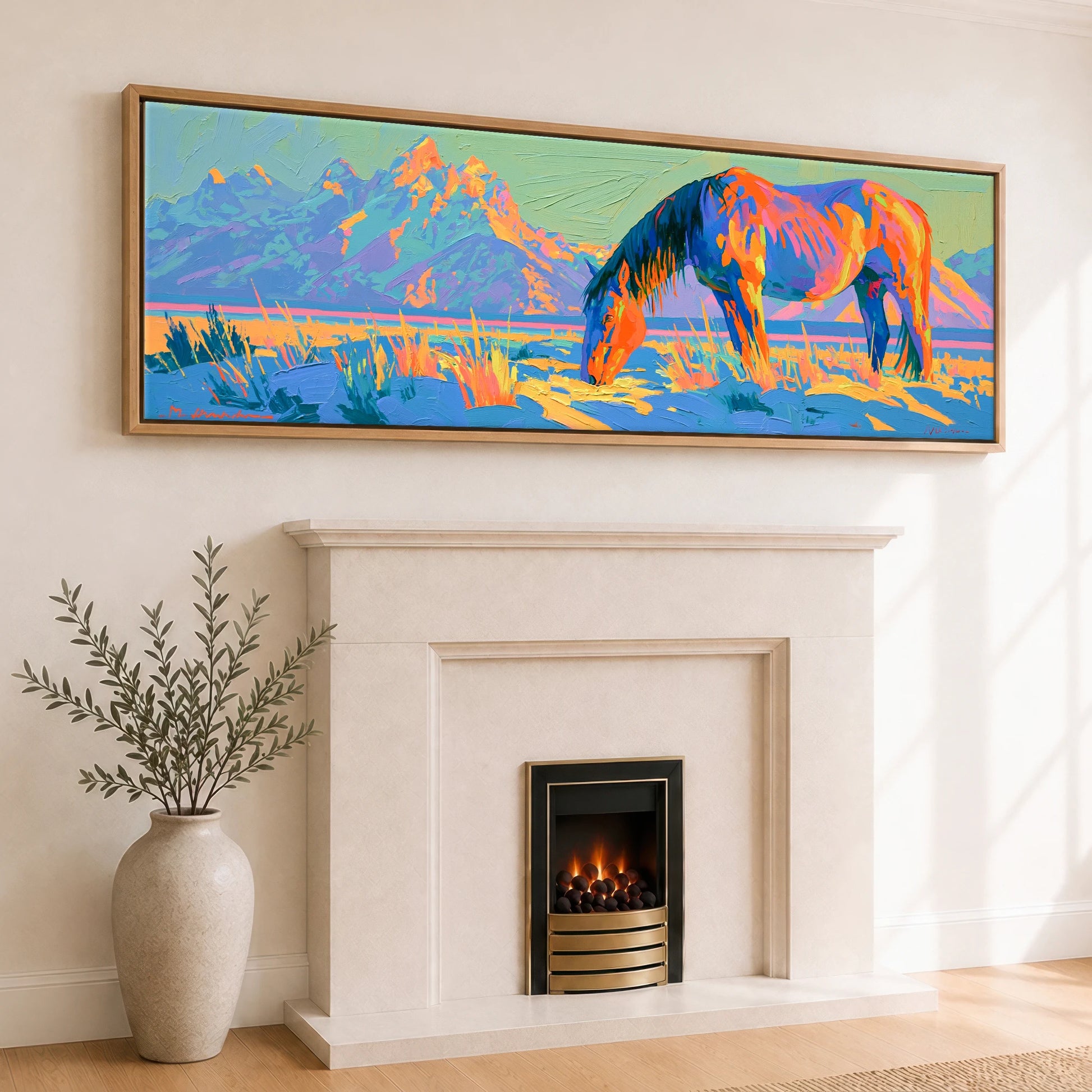 Wild Cobalt Range Horse Landscape panoramic canvas wall art displayed above a fireplace