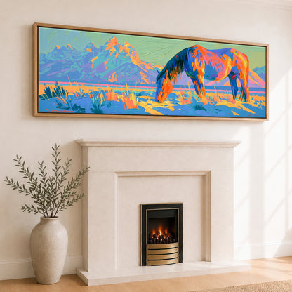 Wild Cobalt Range Horse Landscape panoramic canvas wall art displayed above a fireplace