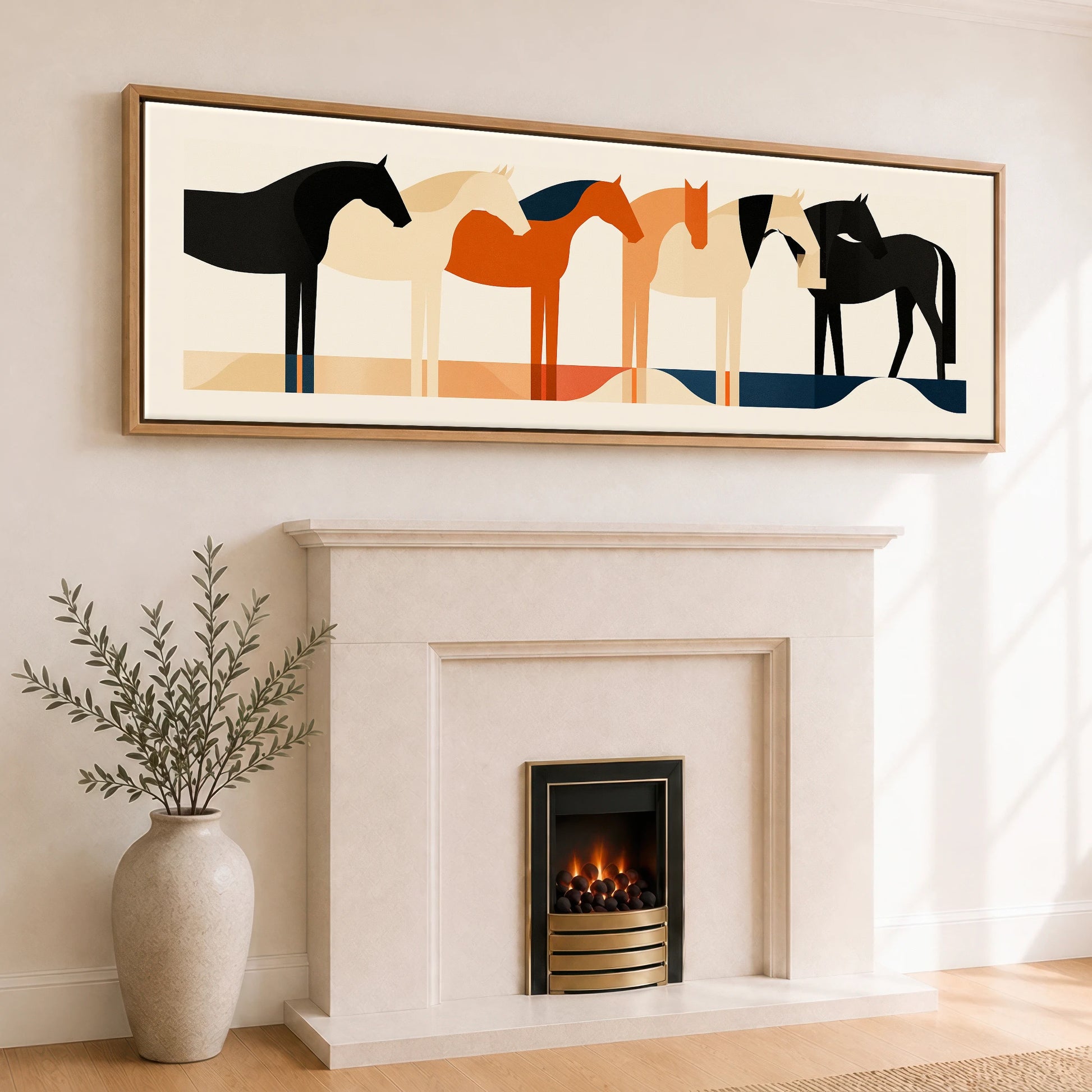 Geometric Equine Harmony Wild Horses panoramic canvas wall art displayed above a fireplace