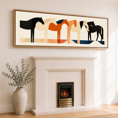 Geometric Equine Harmony Wild Horses panoramic canvas wall art displayed above a fireplace