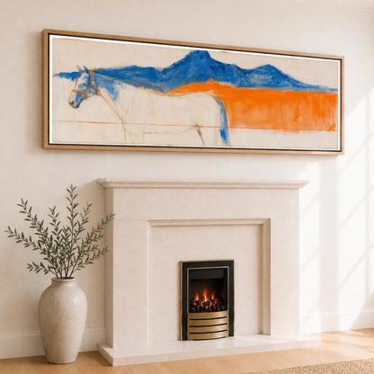 Abstract Ultramarine Horizon Horse Landscape panoramic canvas wall art displayed above a fireplace