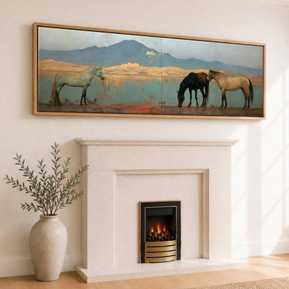 Gilded Shoreline Reflections Horse Landscape panoramic canvas wall art displayed above a fireplace
