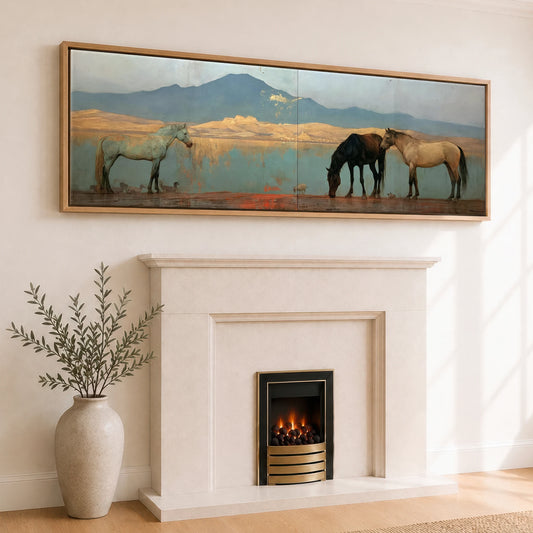Gilded Shoreline Reflections Horse Landscape panoramic canvas wall art displayed above a fireplace