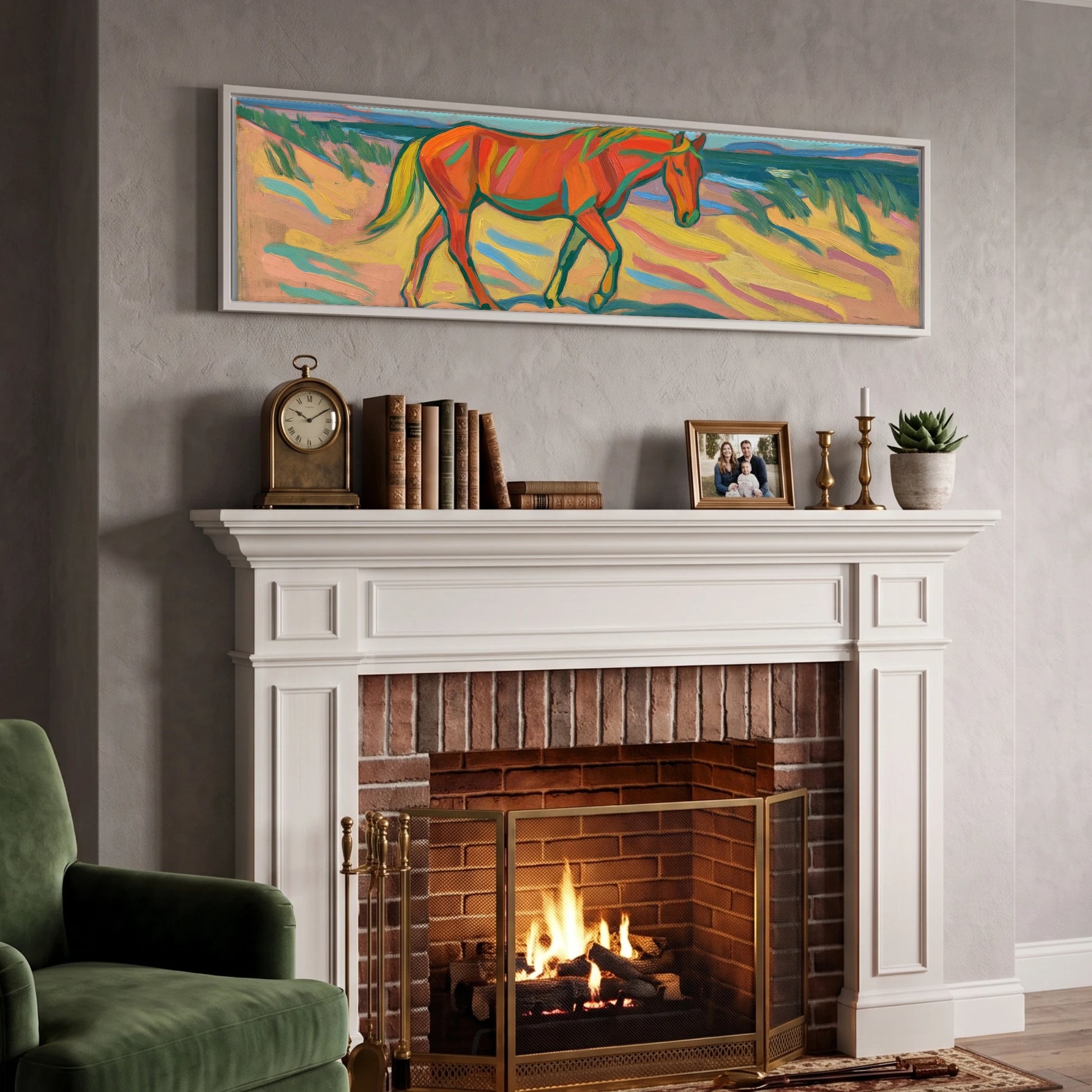 Vivid Coastal Stride Horse Landscape panoramic canvas wall art displayed above a fireplace