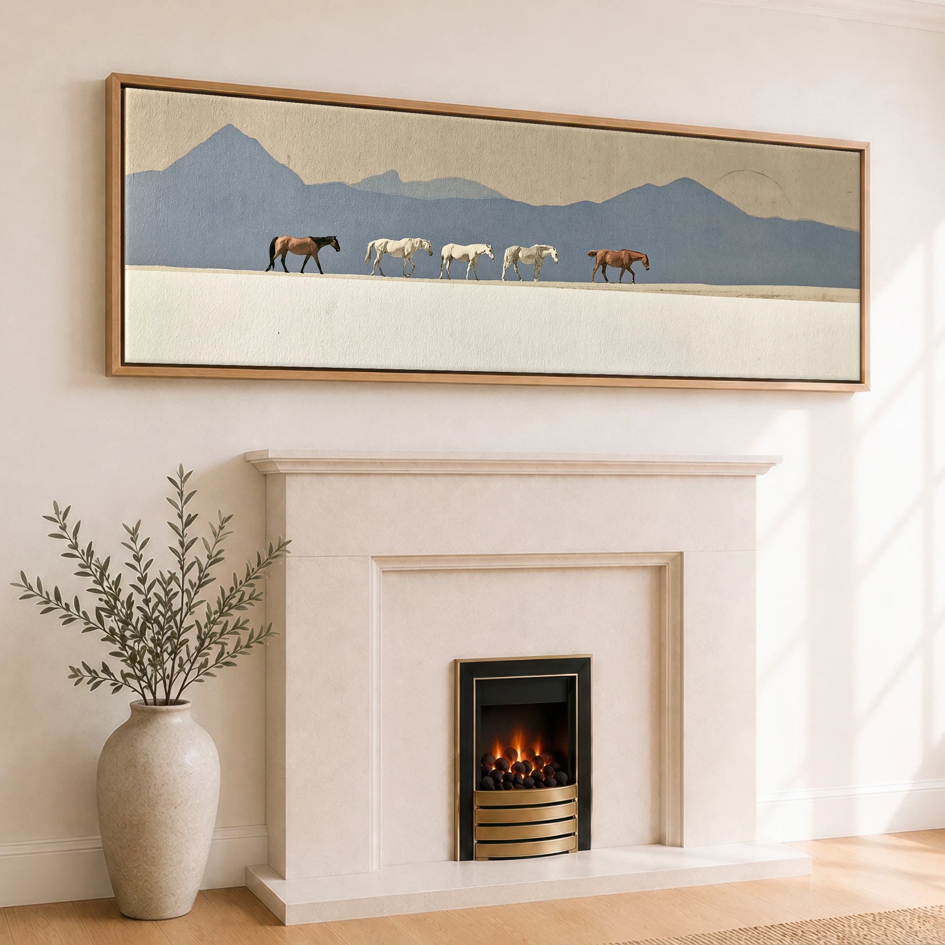 Journey Beneath Azure Peaks Horse Landscape panoramic canvas wall art displayed above a fireplace
