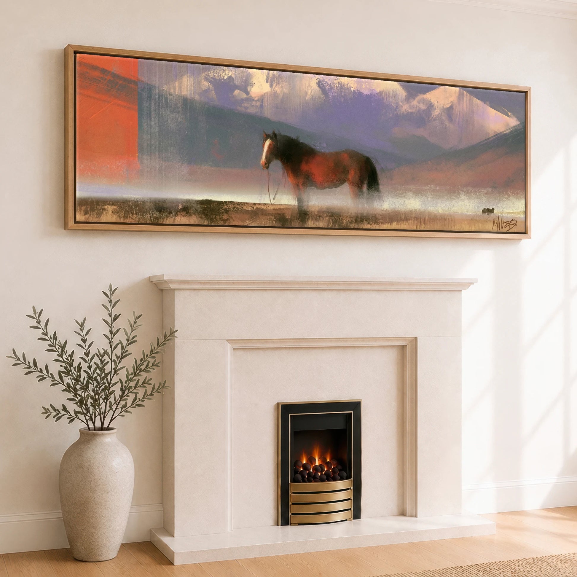 Sienna and Violet Haze Horse Landscape panoramic canvas wall art displayed above a fireplace