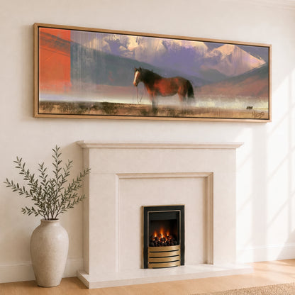 Sienna and Violet Haze Horse Landscape panoramic canvas wall art displayed above a fireplace
