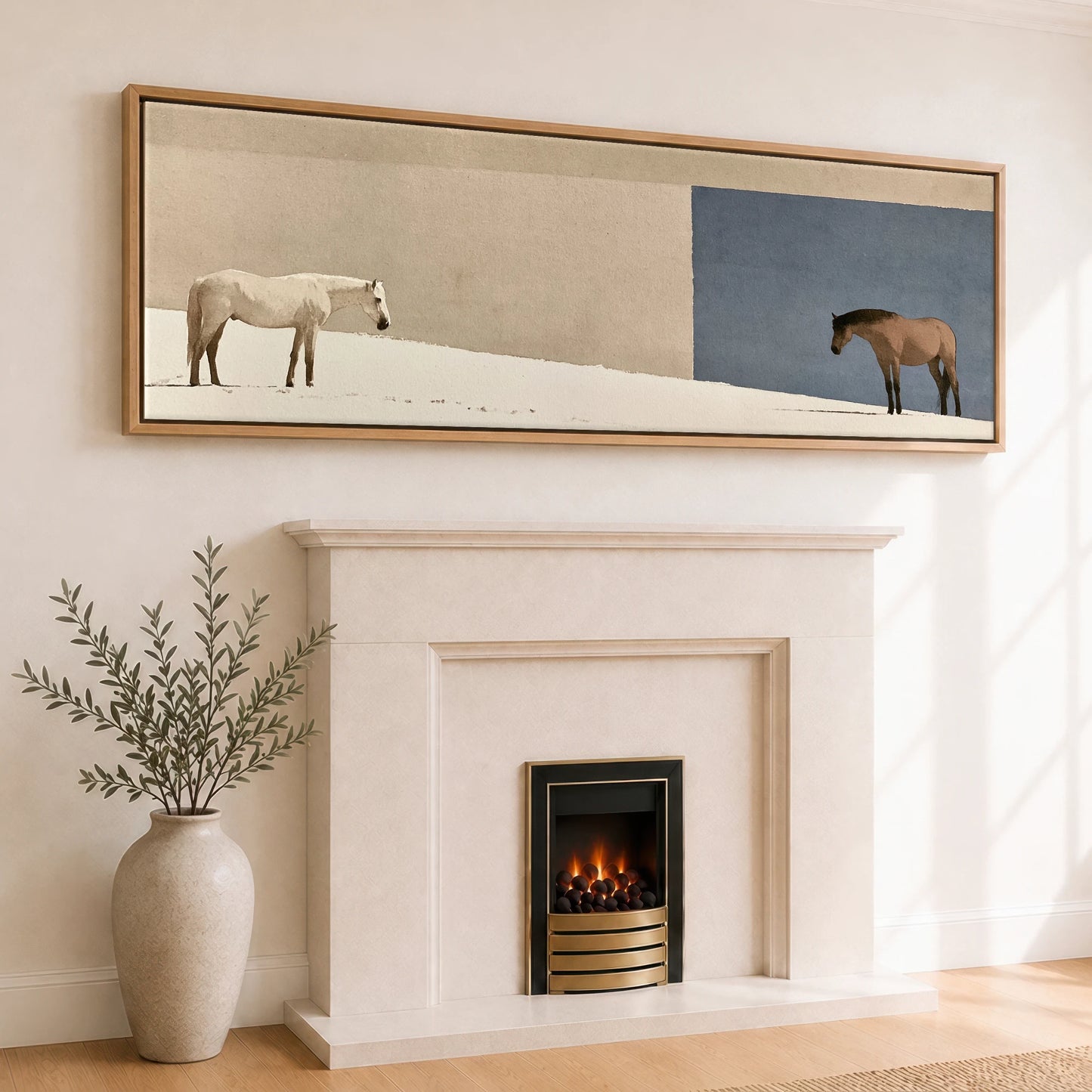 The Quiet Divide Horse Landscape panoramic canvas wall art displayed above a fireplace