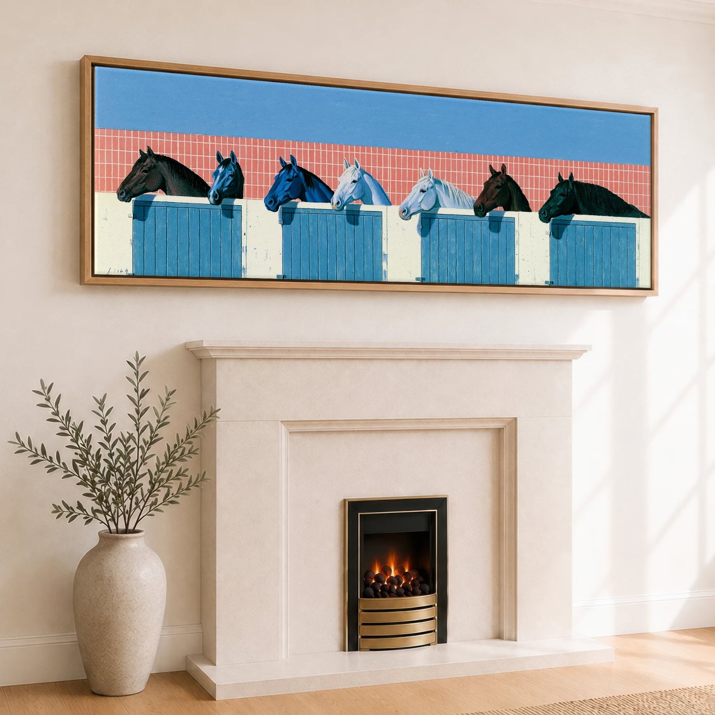 Yard Watch Horse Stable panoramic canvas wall art displayed above a fireplace