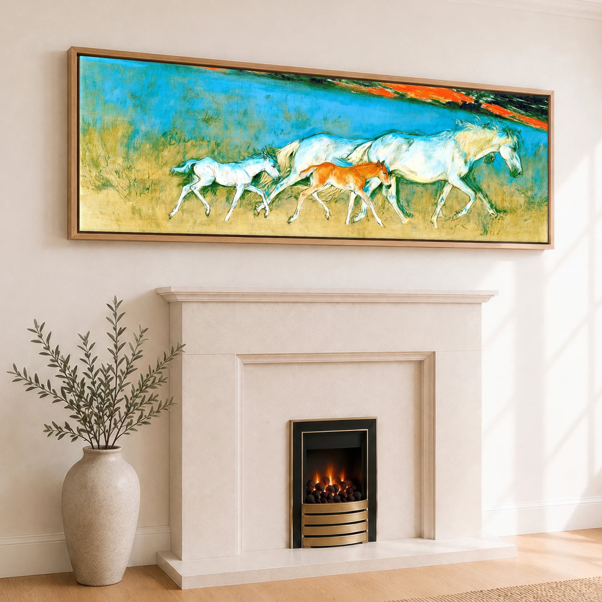 Vibrant Azure Strides Mare & Foal panoramic canvas wall art displayed above a fireplace