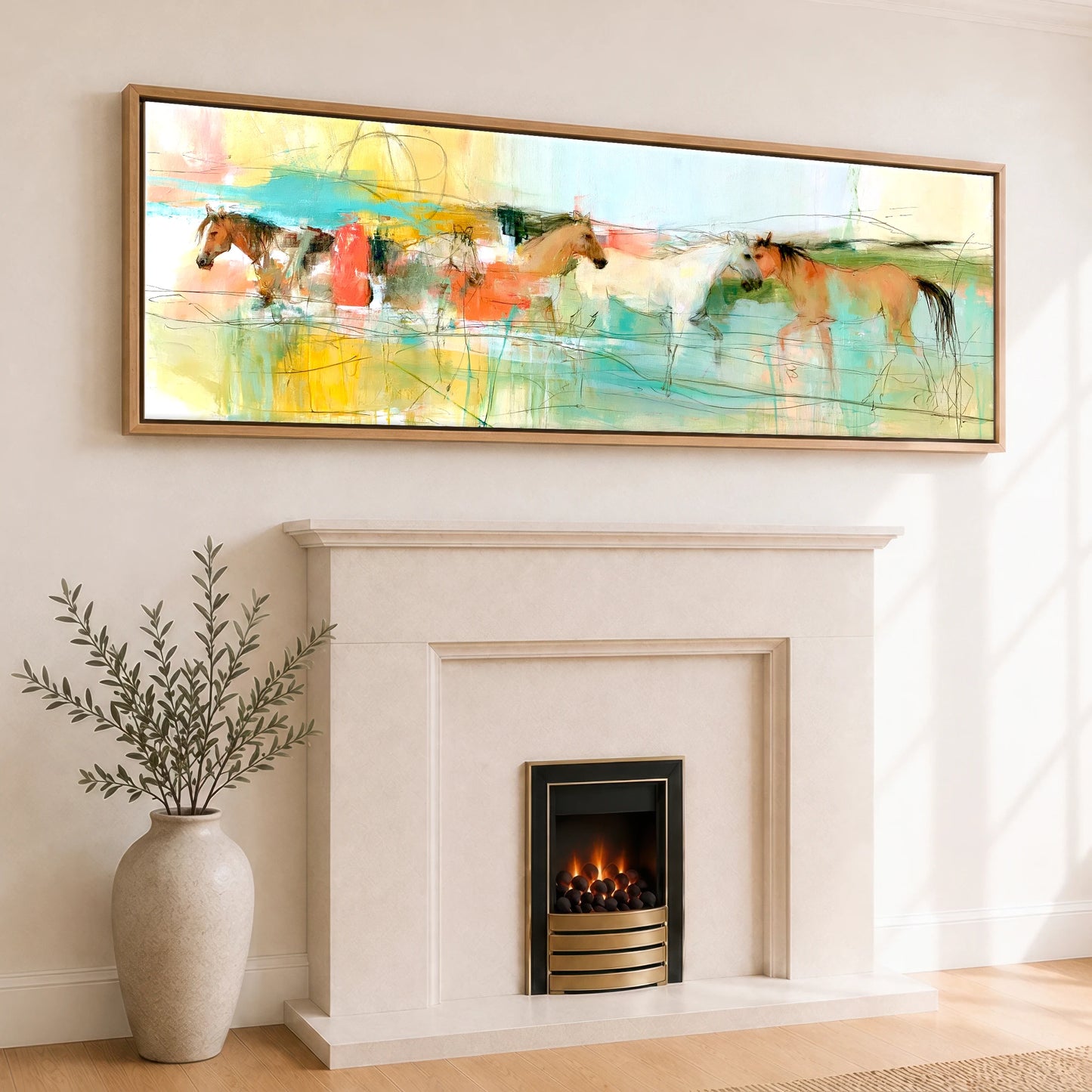 Vibrant Herd Crossing Horse Landscape panoramic canvas wall art displayed above a fireplace