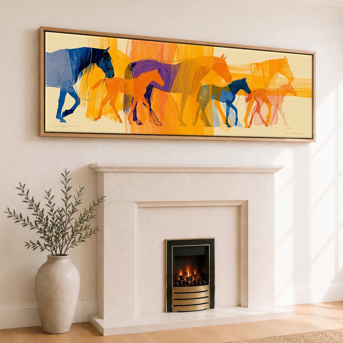 Vibrant Generations Mare & Foal panoramic canvas wall art displayed above a fireplace