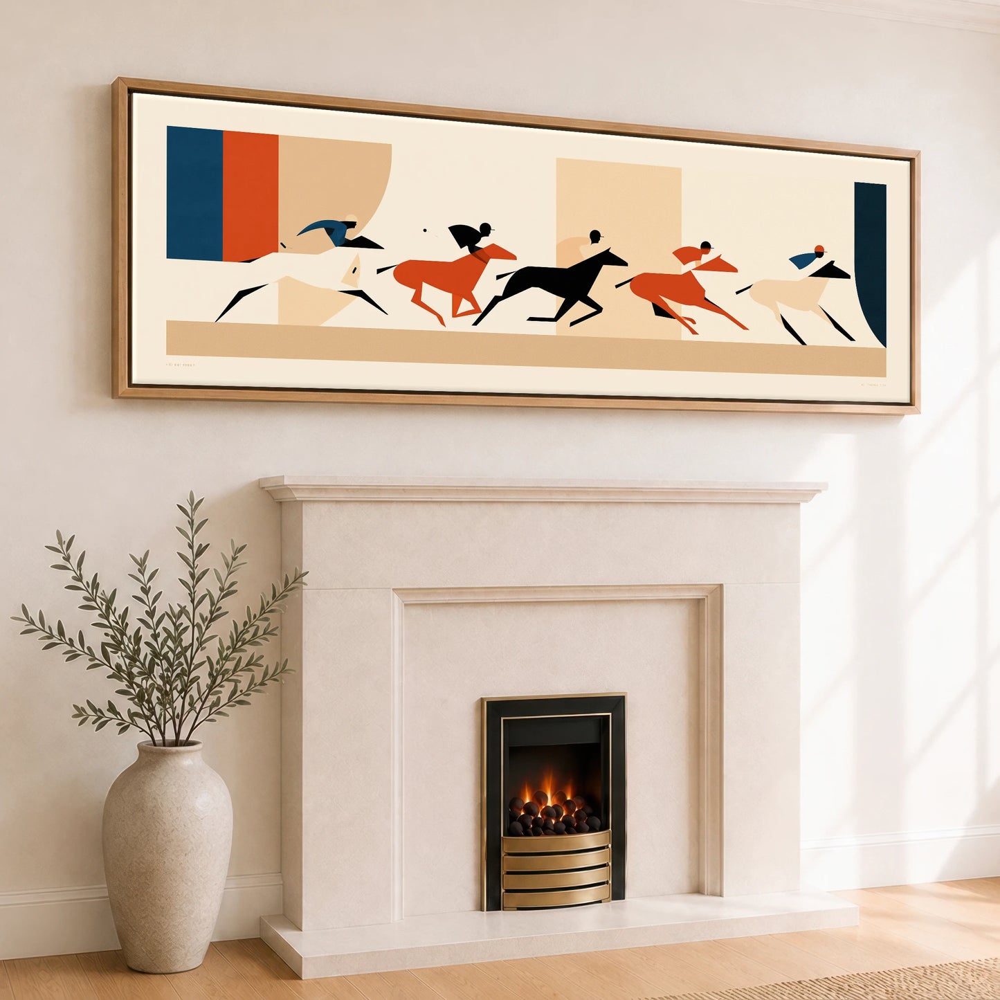 Retro Polo Pursuit Polo Horse panoramic canvas wall art displayed above a fireplace