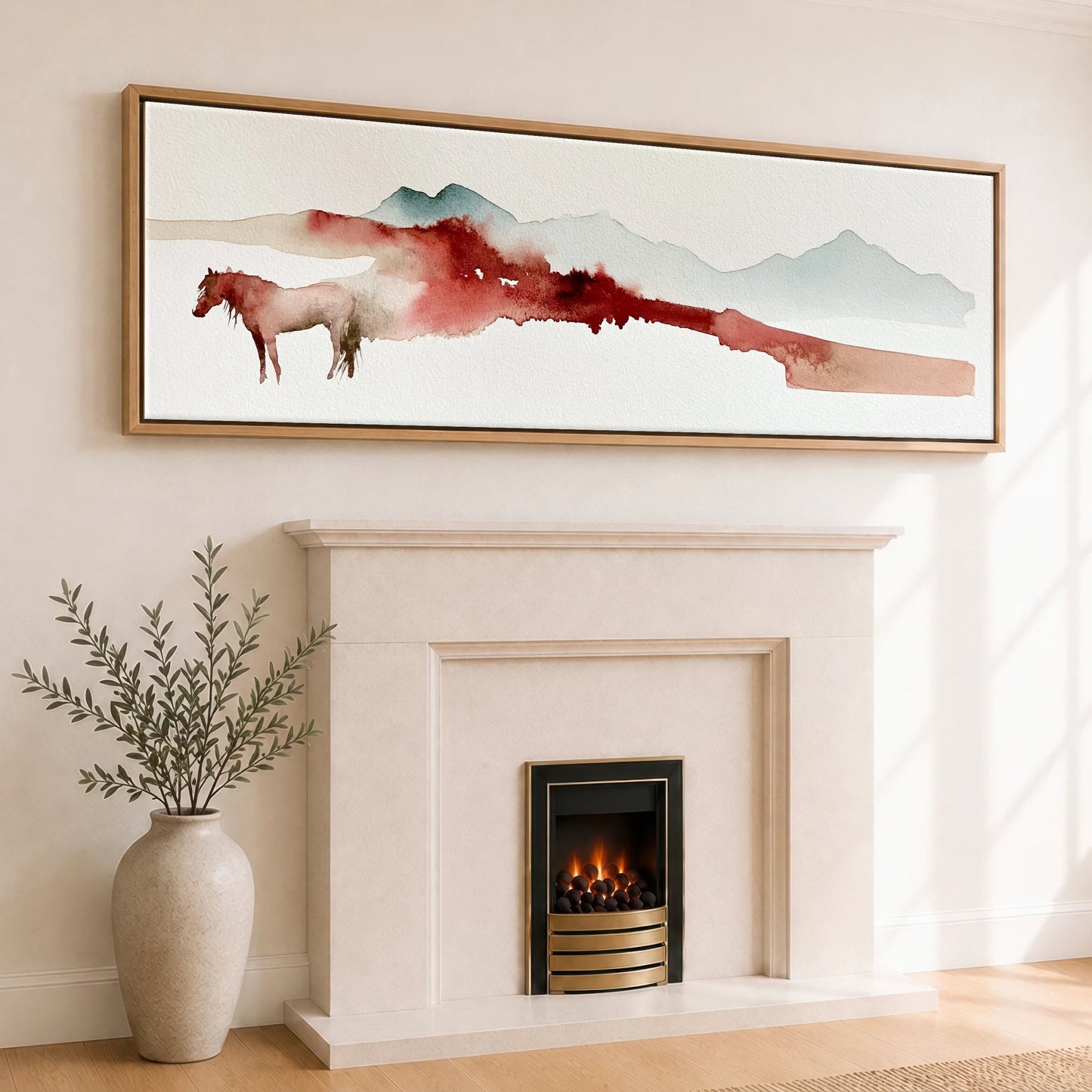 Crimson Ridge Horizon Horse Landscape panoramic canvas wall art displayed above a fireplace