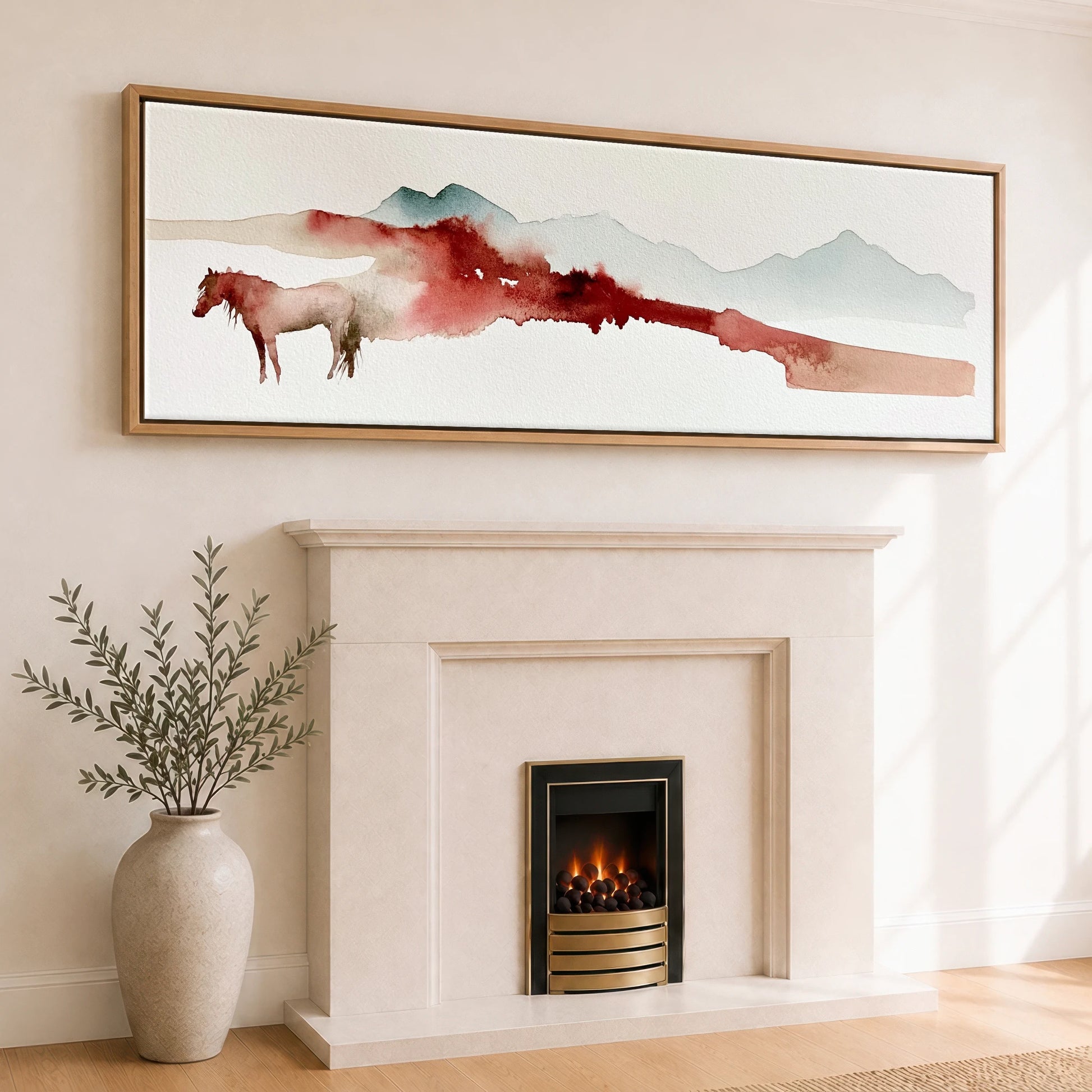 Crimson Ridge Horizon Horse Landscape panoramic canvas wall art displayed above a fireplace