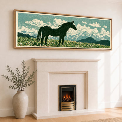 Rustic Range Silhouette Horse Landscape panoramic canvas wall art displayed above a fireplace