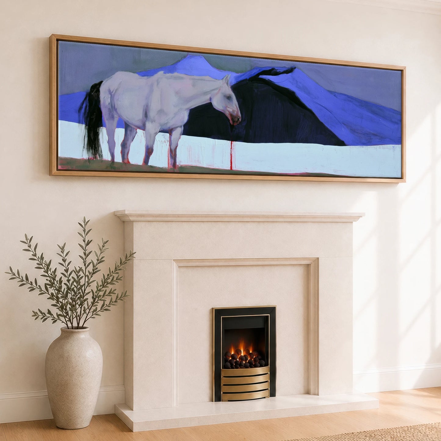Cobalt and Shadow Horse Landscape panoramic canvas wall art displayed above a fireplace