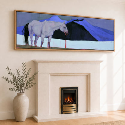 Cobalt and Shadow Horse Landscape panoramic canvas wall art displayed above a fireplace