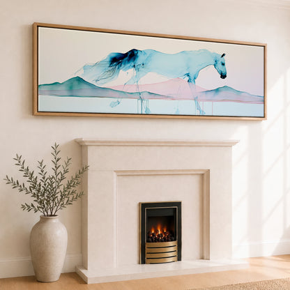 Ethereal Blue Stride Horse Landscape panoramic canvas wall art displayed above a fireplace