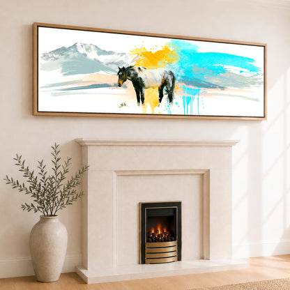 Vibrant Painted Horizons Horse Landscape panoramic canvas wall art displayed above a fireplace