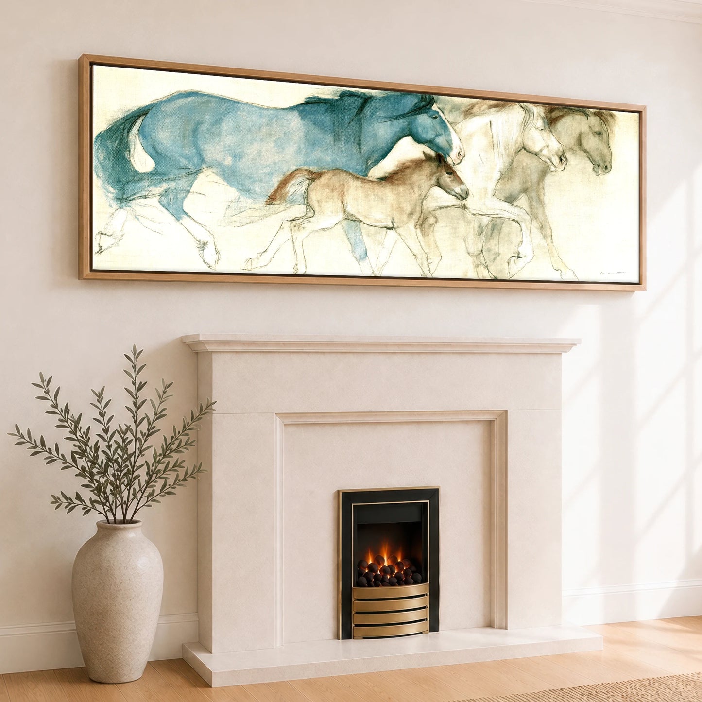 Azure Mare and Foal Mare & Foal panoramic canvas wall art displayed above a fireplace