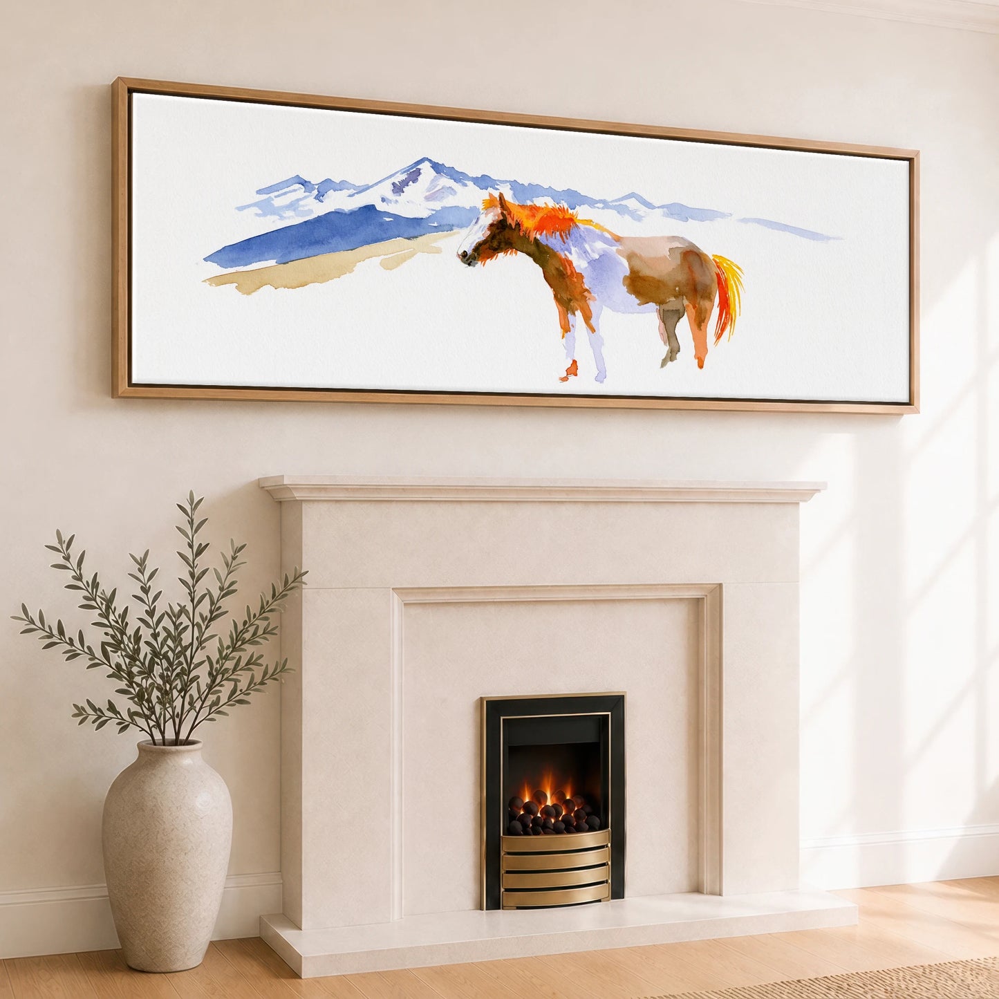 Spirit of the Ridge Horse Landscape panoramic canvas wall art displayed above a fireplace